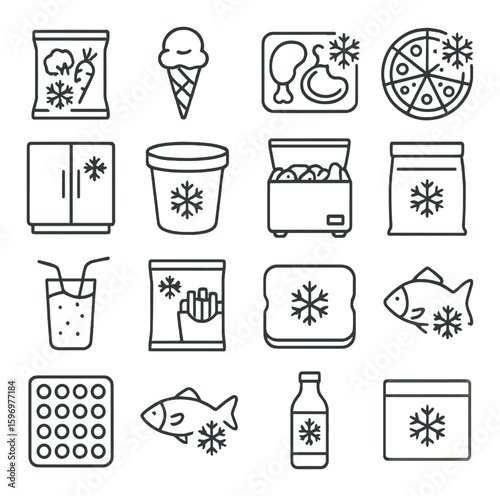 Frozen food icon collection: simple linear designs. ice cream, pizza, chicken, bag, fish, vector icons