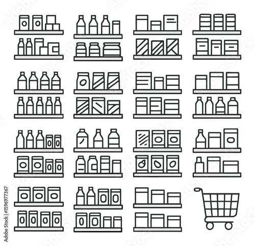 Supermarket shelf icon collection. simple linear design: bottles, boxes, cart, products, grocery vector icons.