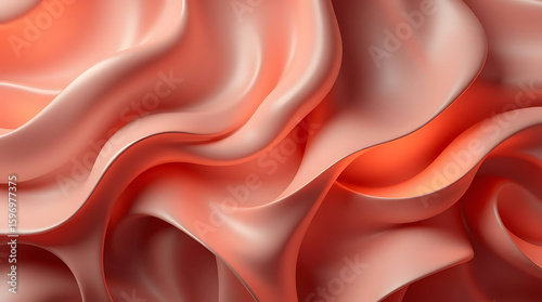A soft and elegant abstract background features smooth, wavy patterns in shades of pink and coral, creating a luxurious texture
