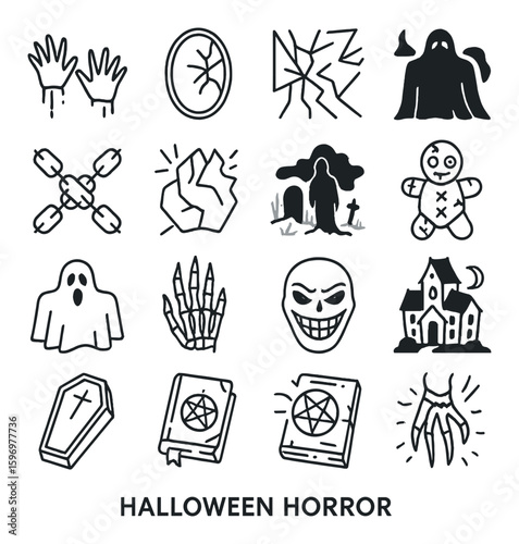 Eerie halloween icon collection. spooky symbols in a simple style. ghost, pumpkin, spider, haunted house, witch, skull vector icons.