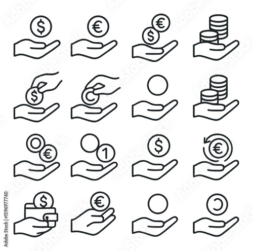Currency icon collection: financial, money, dollar, euro, coin, hand, credit, safe, linear vector icons