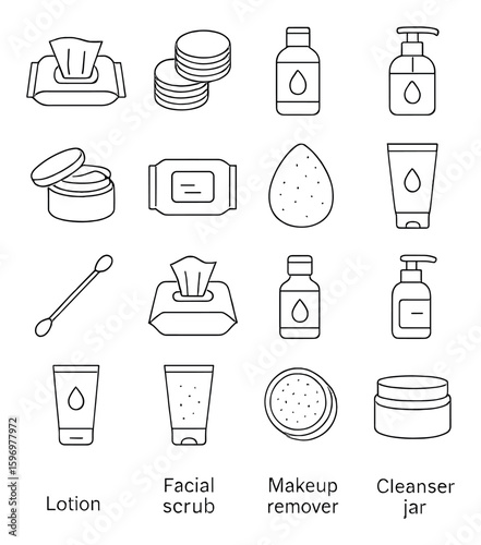 Makeup remover icon collection. simple linear cleansing tools: wipes, lotion, cleanser, jar vector icons.