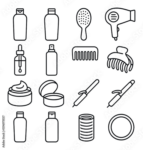 Hair care icon collection. simple linear style. shampoo, comb, brush, gel, dryer, spray, conditioner vector icons.