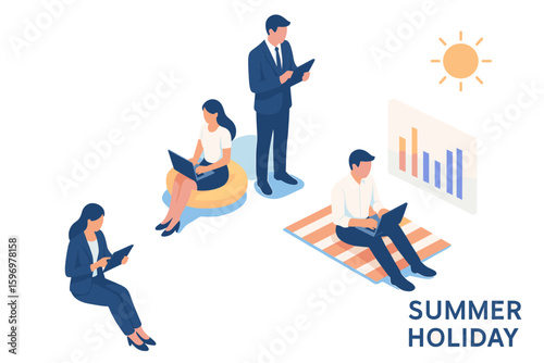 Business people working remotely outdoors with technology in summer setting