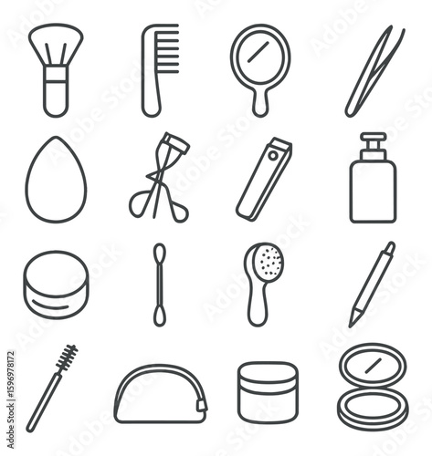 Makeup tools icon collection. cosmetic accessories linear style: brush, comb, mirror, tweezers, bottle, scissors, nail clippers, cream, lotion, sponge, eyelash curlers vector icons.