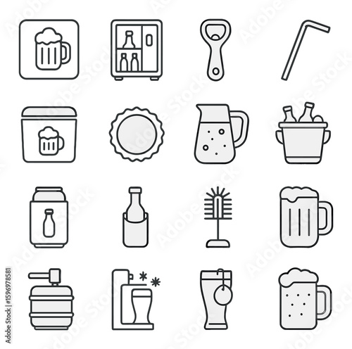 Beer accessories icon collection. flat style: mug, bottle, opener, keg, cooler, pitcher vector icons