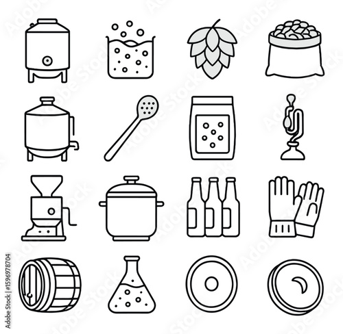 Brewery process icon collection: simple linear beer, hops, barrel, equipment, bottles vector icons