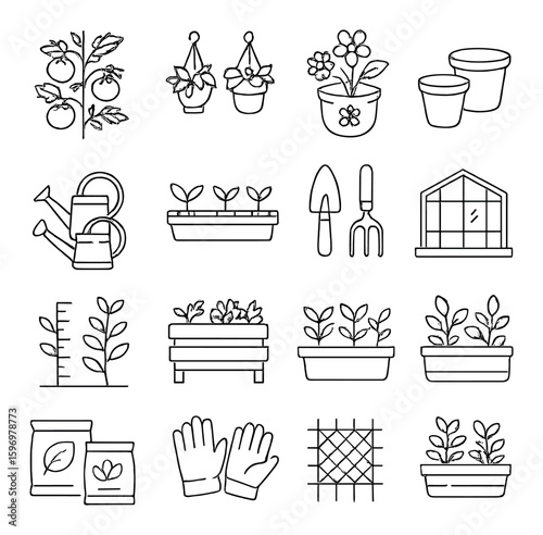 Garden icon collection: linear style gardening tools and plants icons. tomato, sprout, shovel, greenhouse vector icons.