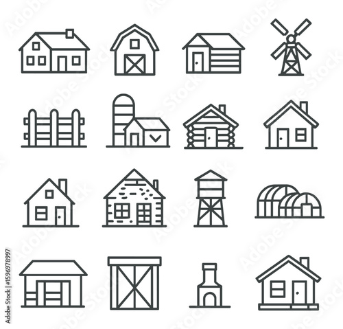 Countryside building icon collection. simple farmhouse, barn, windmill, silo, cabin linear vector icons.