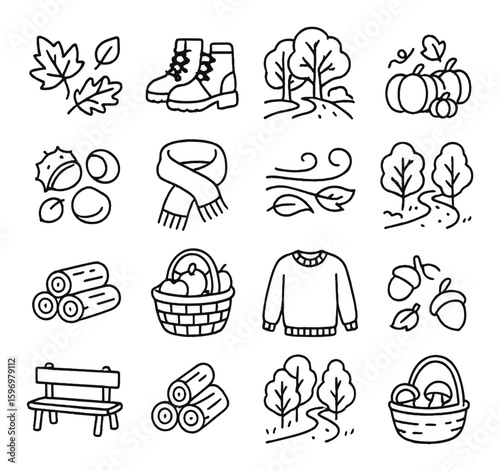 Autumn icon collection: simple seasonal silhouettes. leaf, pumpkin, scarf, tree, wind vector icons.