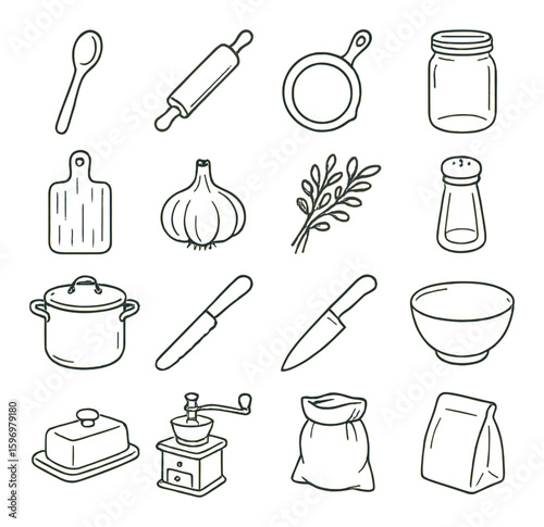 Rustic kitchen utensils icon collection. simple linear spoon, knife, pot, jar, garlic, bowl vector icons.
