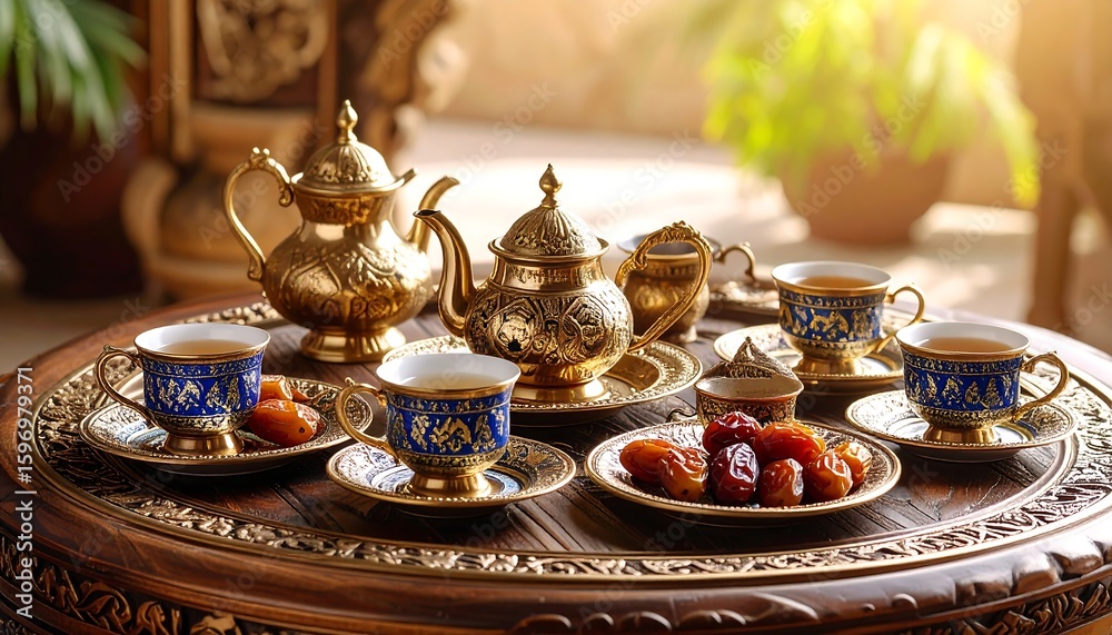 Fototapeta premium Gold and blue tea set on a wooden table, with dates