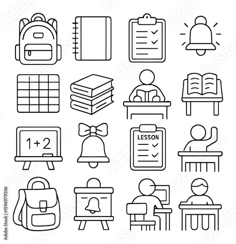 School icon collection. classroom and education linear style. backpack, books, laptop, bell vector icons.