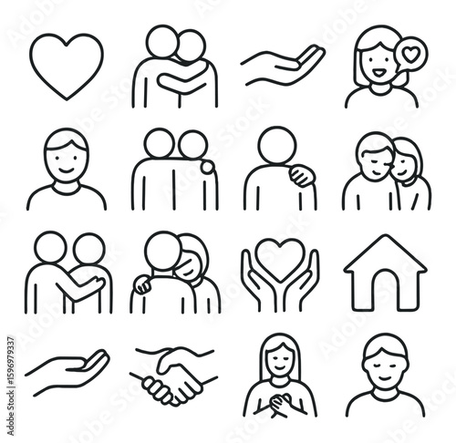 Emotional support icon collection. simple line icons: heart, hug, handshake, home, person, care, smiling face vector icons.