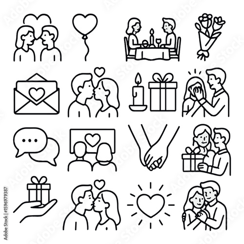 Romantic icon collection. love, valentine, heart, couple, gift, date, candle, roses silhouette vector icons.
