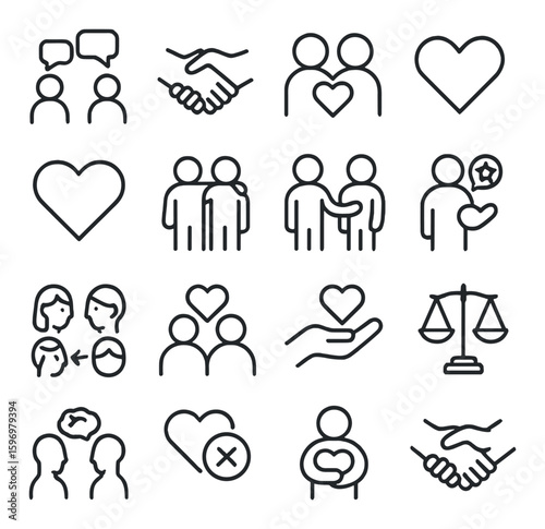 Healthy relationships icon collection. communication, handshake, heart, balance linear vector icons.