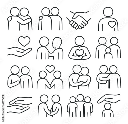 Supportive relationship icon collection: linear friendship, teamwork, handshake, heart vector icons