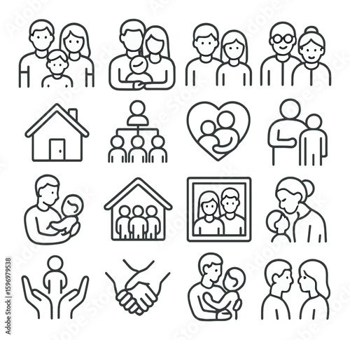 Family icon collection. linear family icons: parents, siblings, children, home, love, care vector icons.