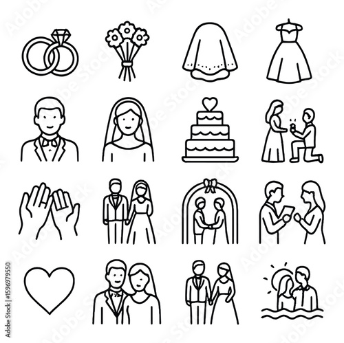 Wedding celebration icon collection. simple wedding rings, cake, dress, couple, heart vector icons.