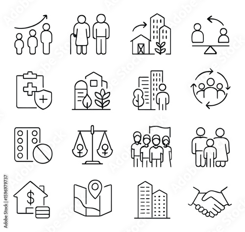 Demographic shift icon collection. population change linear icons: people, city, growth, economy vector icons