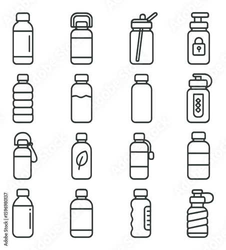 Versatile bottle icon collection. water, sports, thermos, linear design bottle icons. drink containers, simple vector icons.