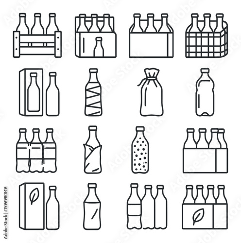 Bottle packaging icon collection. simple line style bottles, wrapping, carrier, recycling vector icons.