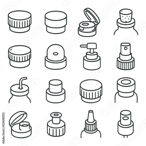 Bottle cap icon collection. diverse tops and dispensers silhouette: screw, flip, pump, spray vector icons
