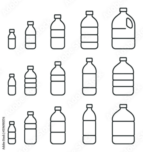 Plastic bottle icon collection. diverse bottle sizes simple silhouette. water, soda, milk, beverage vector icons.
