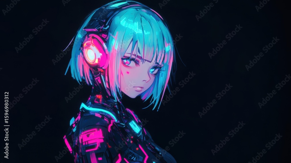 Fototapeta premium Cyberpunk anime girl with vibrant neon lighting.