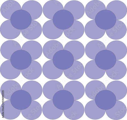 A seamless repeating pattern consisting of stylized flowers with four rounded petals and a round center. The colors are presented in various shades of purple and lavender, located on a clean white bac