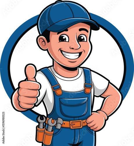 Smiling cartoon handyman vector in blue cap and overalls giving thumbs up with tools for repair service
