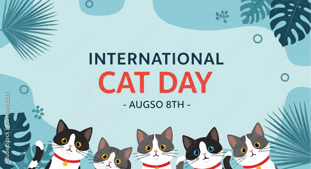 Fototapeta premium Cute Cartoon Cats Celebrating International Cat Day Banner Illustration - Celebrate our feline friends with this charming and festive illustration for International Cat Day on August 8th! 