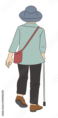 杖をついて歩く高齢女性の後ろ姿