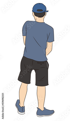 Tシャツ、短パンの若い男性の後ろ姿