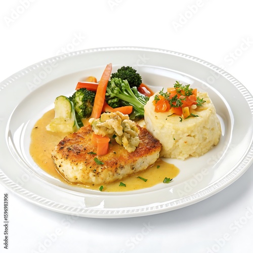 Chicken breast with herb sauce, broccoli, carrot and vegetable rice presented on gourmet dinner