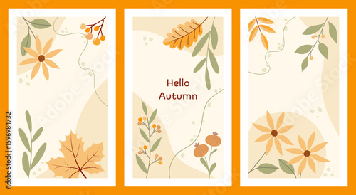 Set aus drei herbstlichen Karten mit Blumen, Blättern und Beeren. Freier Platz für Text. Vorlagen für Einladungen, Grußkarten, Social Media Posts und Werbung.