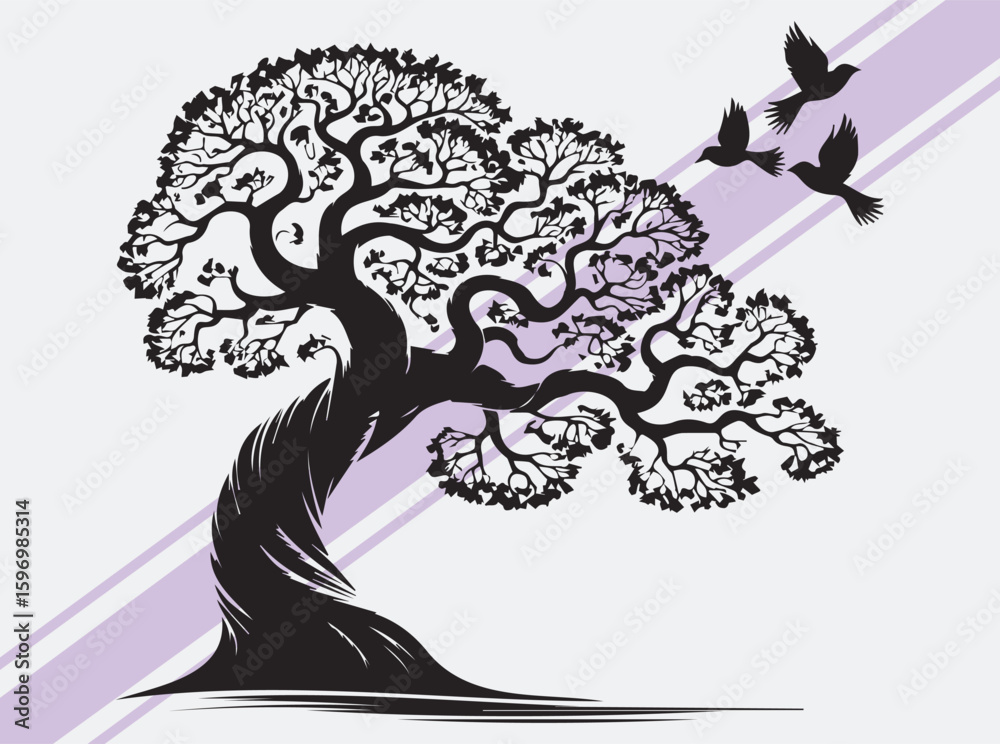 Fototapeta premium Twisted Tree with Flying Birds Silhouette Artwork in Black and White for Expressive Nature and Wildlife-Inspired Creative Projects