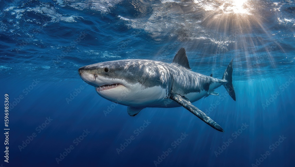 Naklejka premium Great white shark in vibrant blue ocean. Sunlight beams through water
