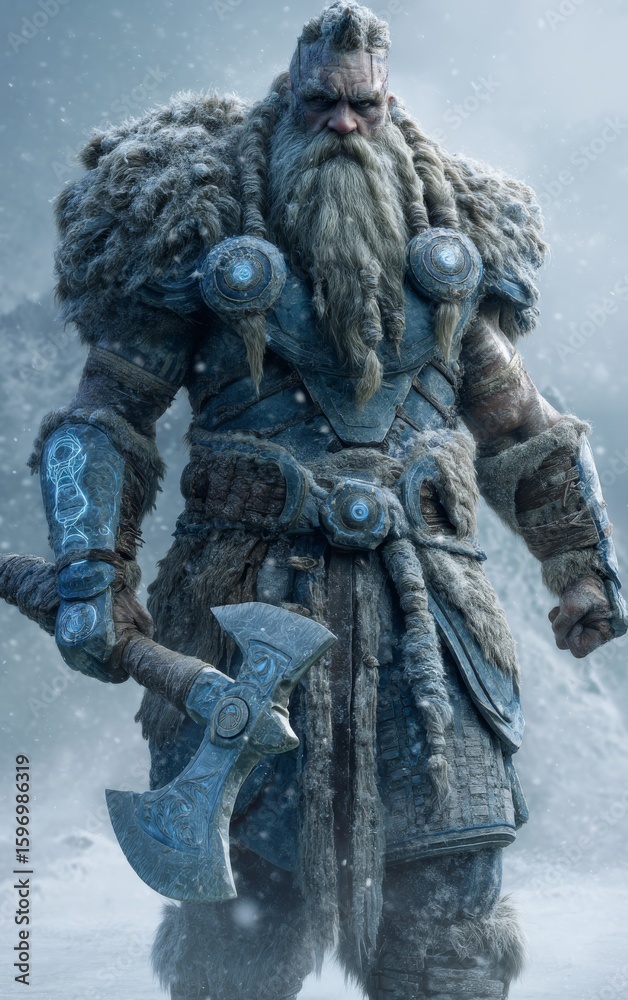 Fototapeta premium Tall Muscular Arctic War God with Icy Blue Glowing Armor, Thick Beard, Chiseled Features, Holding Huge Double-Headed Frost Axe, Surrounded by Cold Wind and Snow, Standing on Frozen Battlefield, Photor