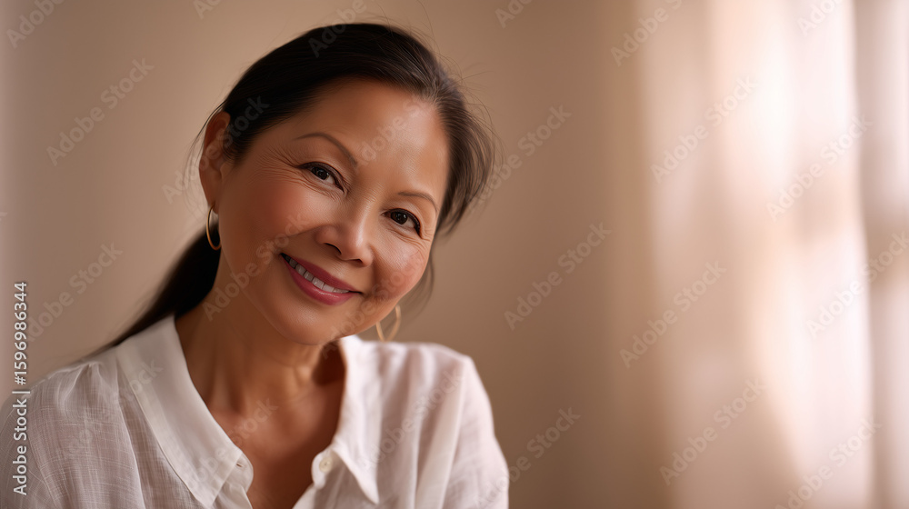 Mature woman with glowing skin and natural makeup in soft warm light for anti-aging beauty stock Mature woman with glowing skin and natural makeup in soft warm light for anti-aging beauty stock