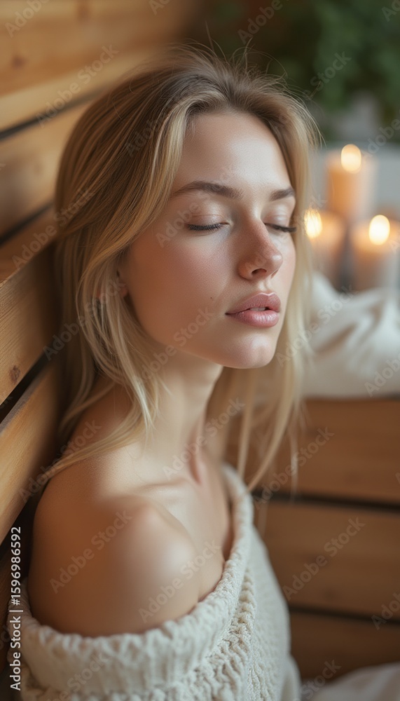 Naklejka premium Serene woman enjoying a moment of tranquility