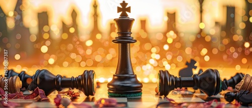 Chess king towers over fallen foes, skyscrapers & golden bokeh hinting corporate dominance on checkered board.