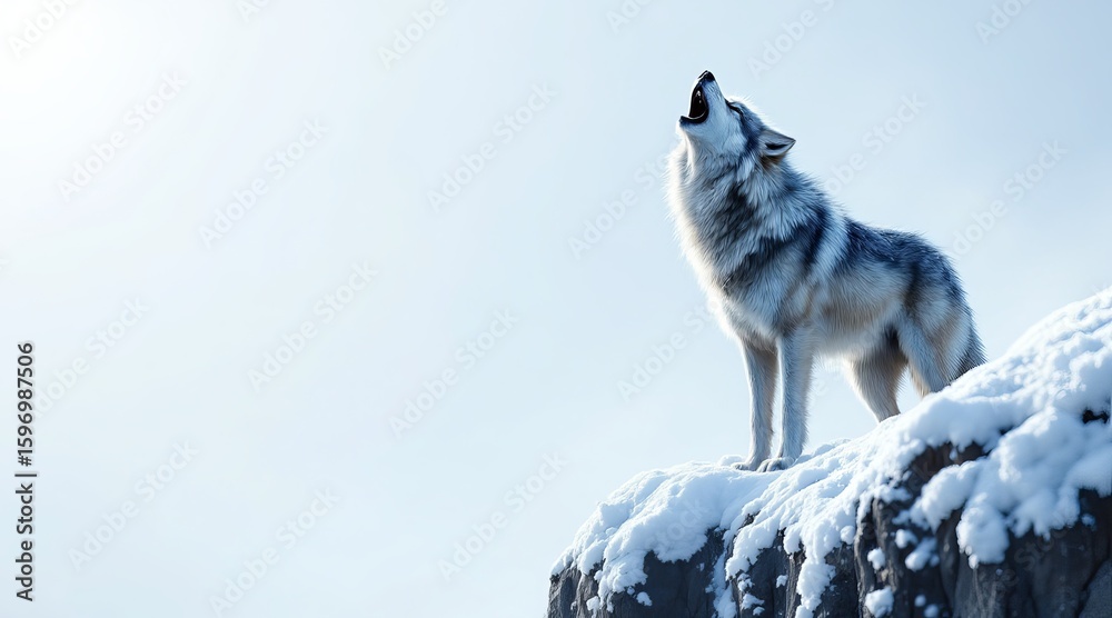 Obraz premium A lone wolf howls from a snowcovered peak in the desolate winter landscape