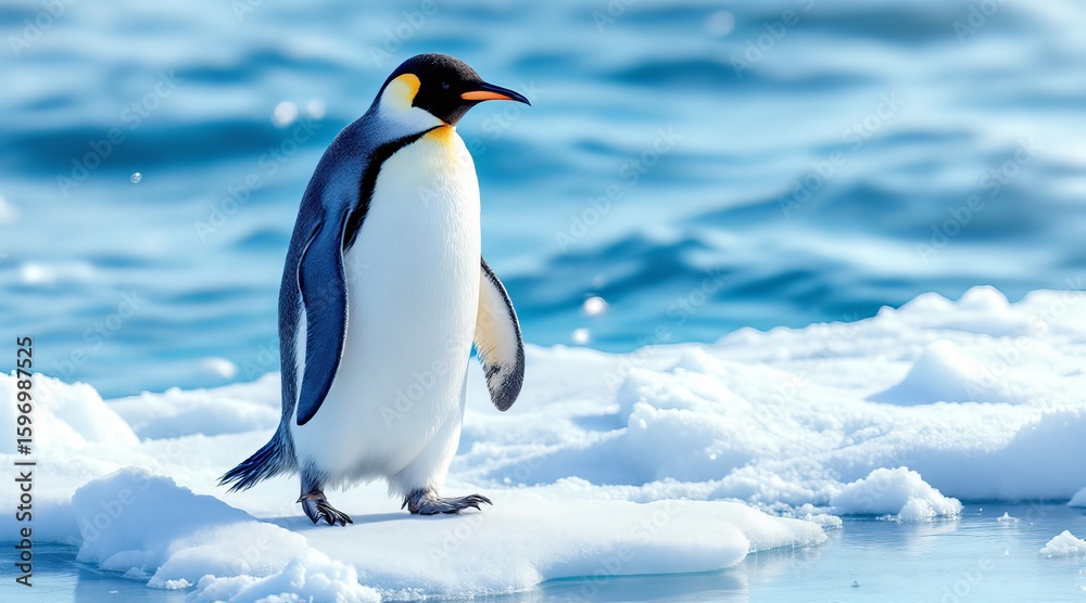 Obraz premium An emperor penguin stands on an ice floe in the frigid waters of antarctica
