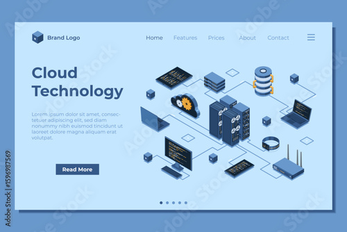 Isometric cloud technology landing page with server. Isometric server and hosting storage technology. Web hosting concept. Isometric technology