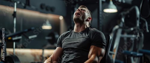 Lazy personal trainer yawning mid-session in a luxe gym, dramatic light casts shadows.