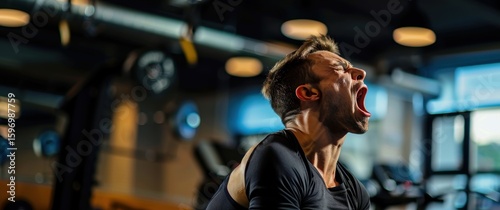 Dramatic gym lighting catches the lazy personal trainer yawning mid-session, a sports watermark subtly present.