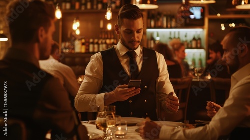 A lazy waiter scrolls his phone as customers wait, bathed in restaurant ambient lighting, a cinematic 16:9 composition.