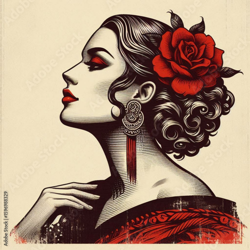 Stylized illustration of a woman with elegant hair adorned with a red rose, showcasing beauty and sophistication