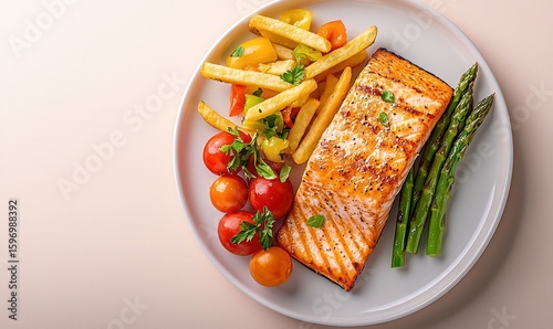 Elegant salmon dish with fries and fresh vegetables on a stylish plate against a muted pink background